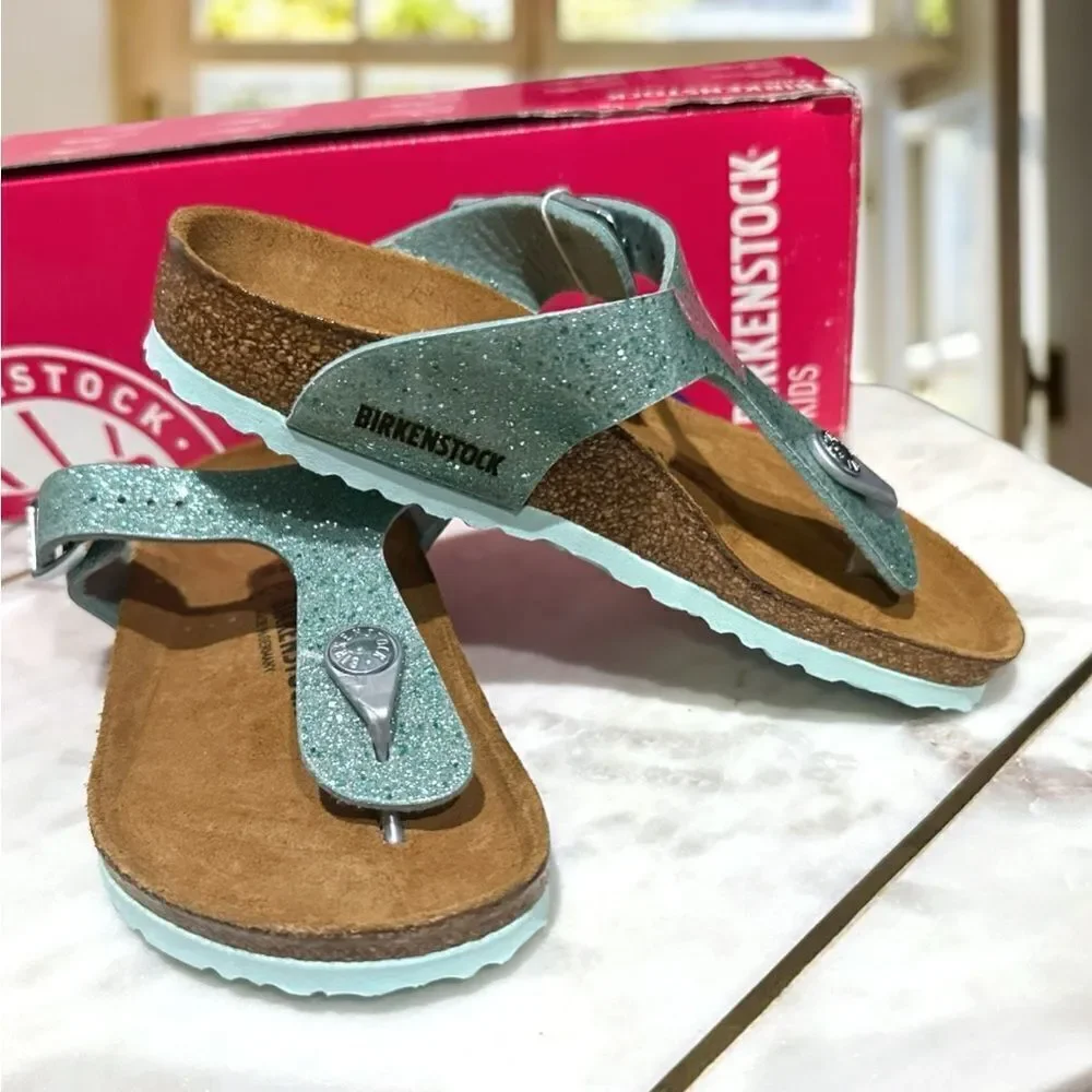 🔥 🆕 BIRKENSTOCK Girls Sandals Green Gizeh Cosmic Sparkle Size 30 US 12 - 12.5